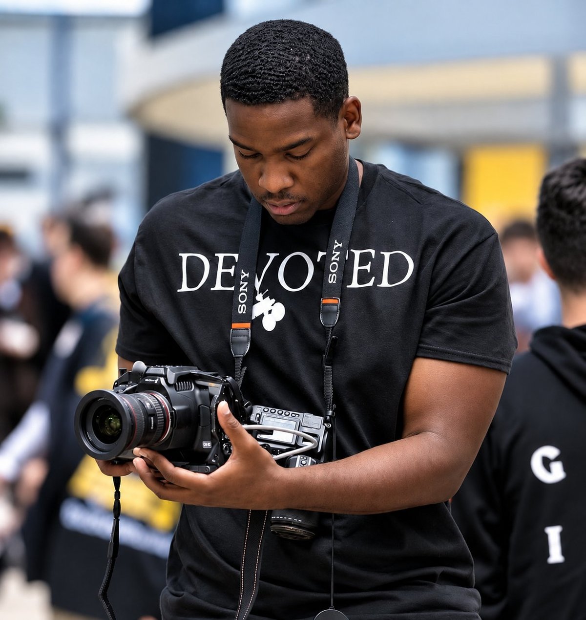 Young man wearing a black DEVOTED shirt and a Sony camera lanyard holds a professional cinema camera, looking down at it during an outdoor production