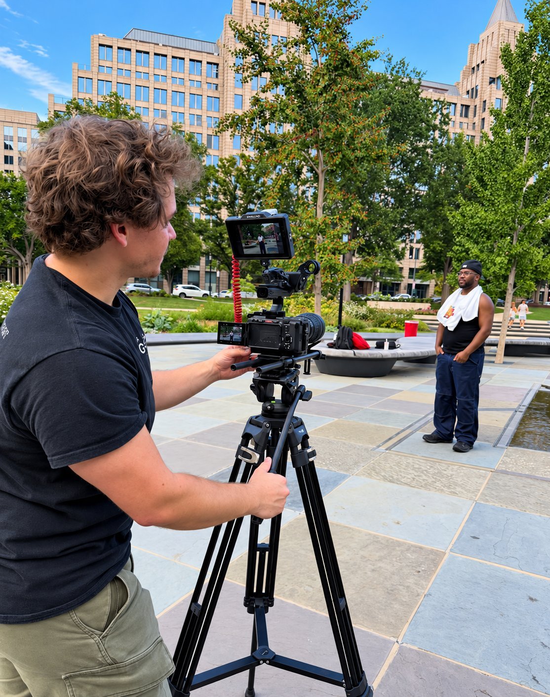 Cameraman filming on a city plaza with a tripod-mounted camera, another person visible in the background near benches and buildings