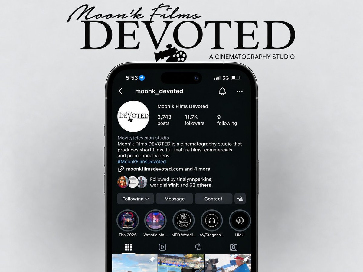 Phone screen displaying Moon'k Films DEVOTED Instagram profile with cinematography studio branding and navigation buttons